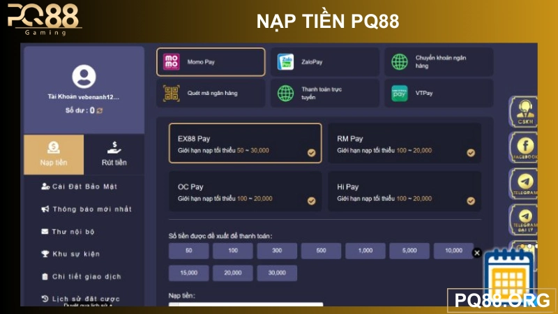 Các kênh nạp tiền pq88