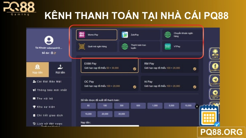 các kênh thanh toán tại pq88